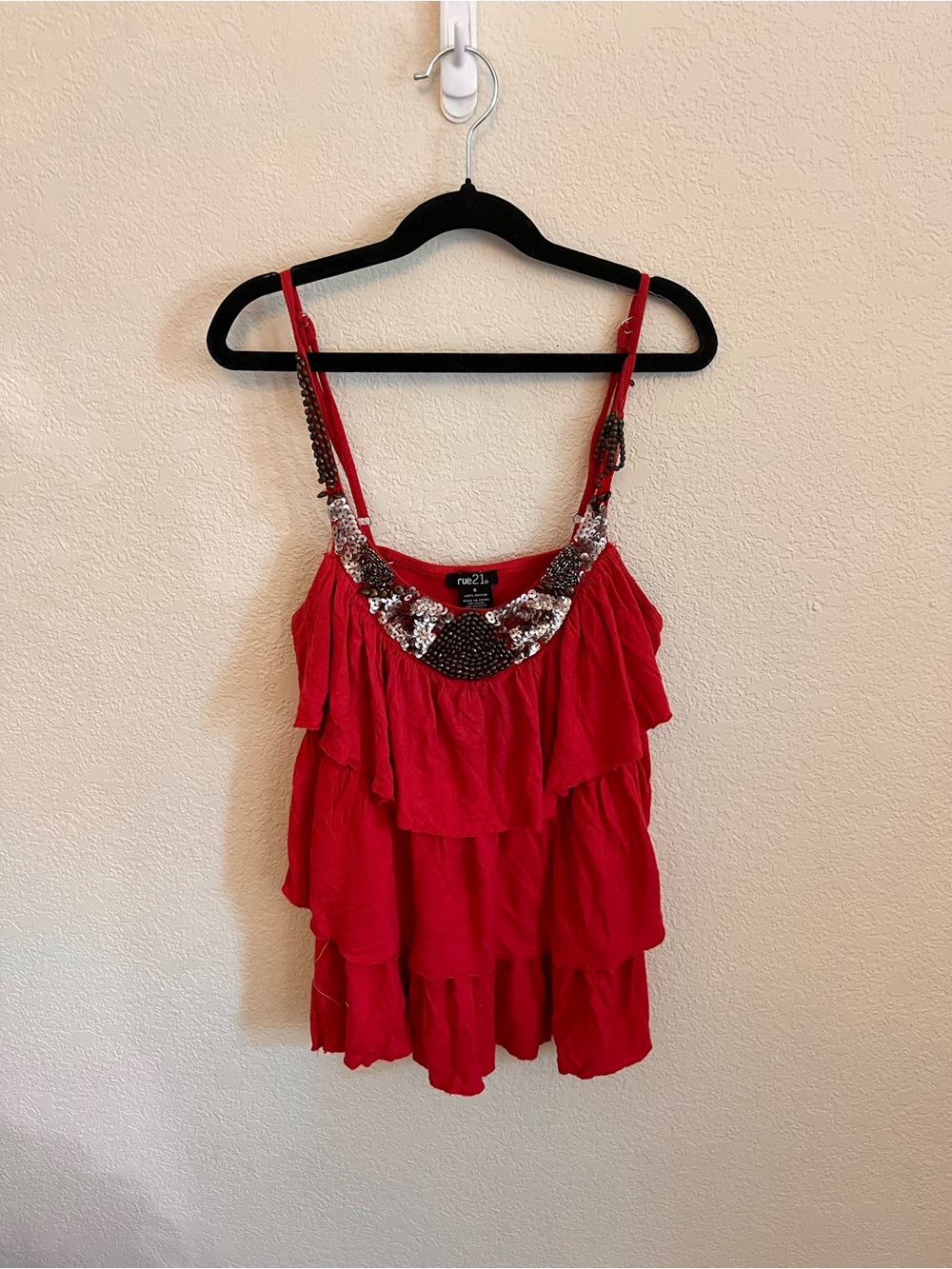 Rue21 Red Ruffle Cami with Beaded Neckline